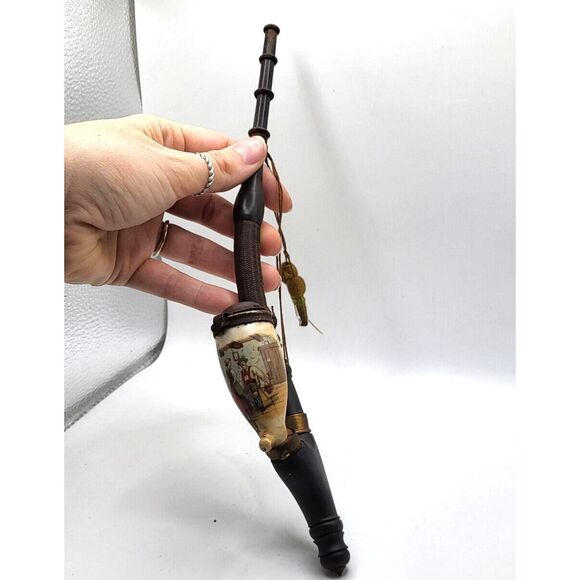 Antique Ceramic Pipe Mid 19th Century Wood Base 11.5 in tall - Picture 7 of 8